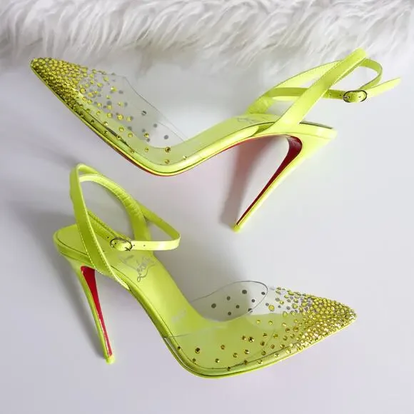 Christian Louboutin Spikaqueen 100 Crystal Neon Yellow Green Clear Pumps Size 37 - Picture 2 of 16